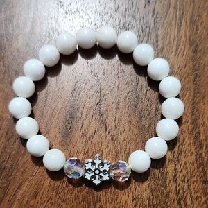 Handmade White Beaded Bracelet with Snowflake Charm